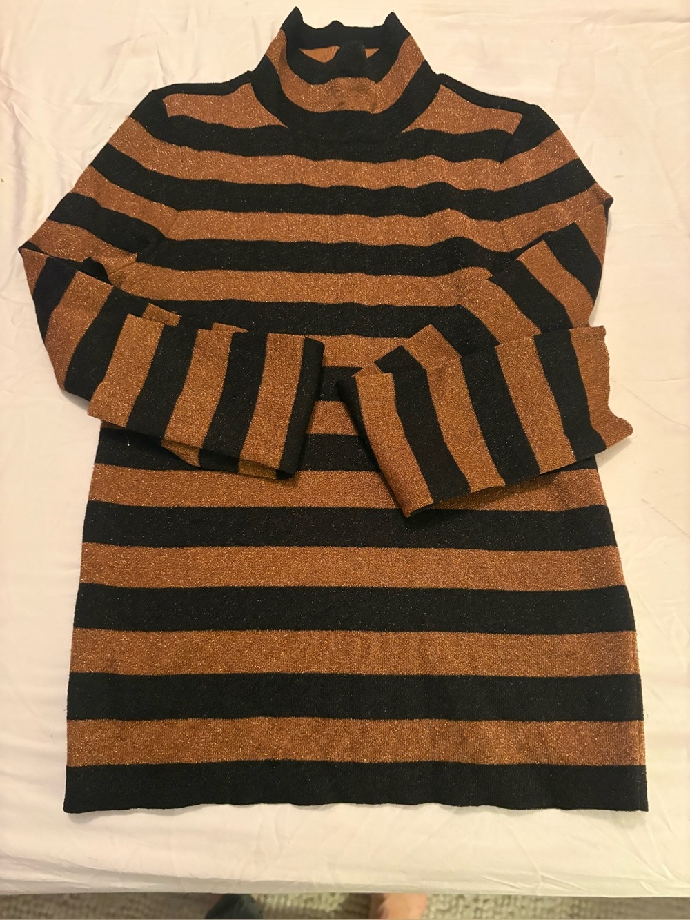 Alice + Olivia Roberta Metallic Stripe Wool Turtleneck Sweater Black Bronze
